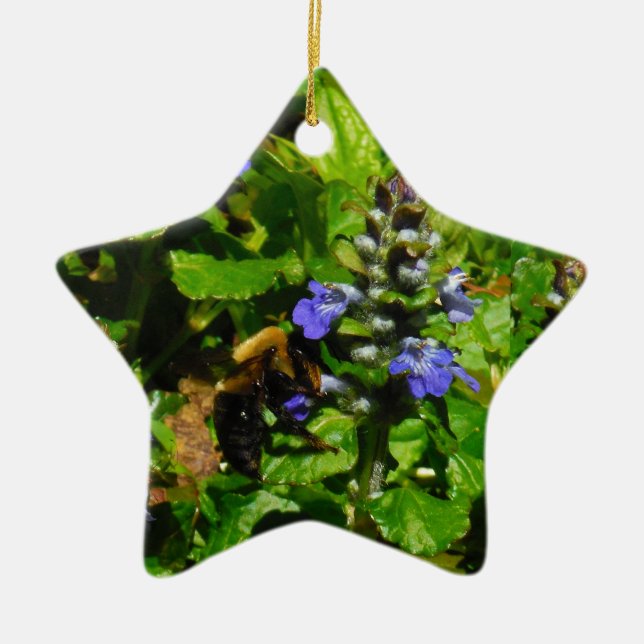 Purple Flower and Bumble Bee Ceramic Tree Decoration (Front)