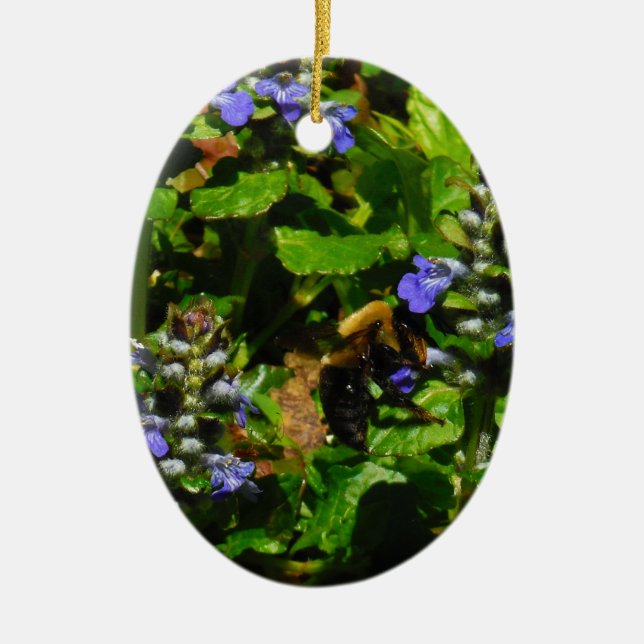Purple Flower and Bumble Bee Ceramic Tree Decoration (Front)