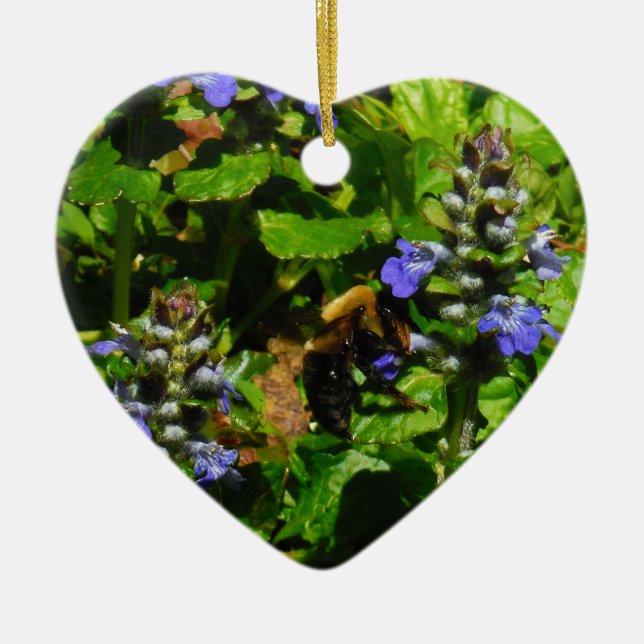 Purple Flower and Bumble Bee Ceramic Tree Decoration (Front)