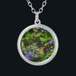 Purple Flower and Bumble Bee Silver Plated Necklace<br><div class="desc">Purple Bee Balm Flower Blossom and yellow and black  Bumble Bee Photo by Sandy Closs taken at Lake Arrowhead purple, "bee balm",  flower,  flowers,  floral, spring,  cherry,  cherries,  garden,  wedding,  weddings, </div>