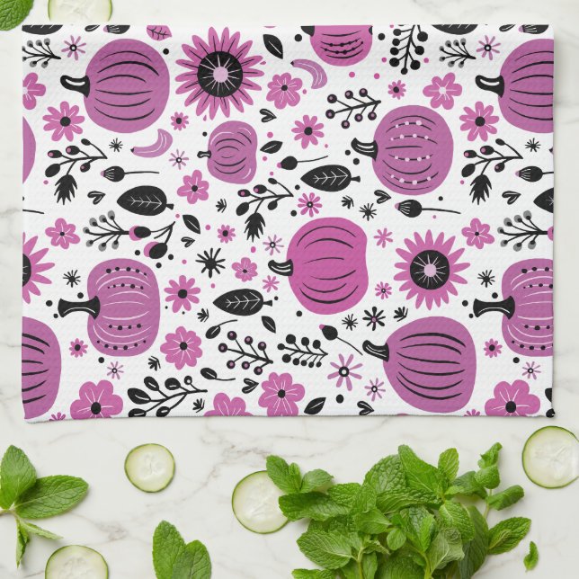 Purple flower and cute pumpkin pattern tea towel (Folded)