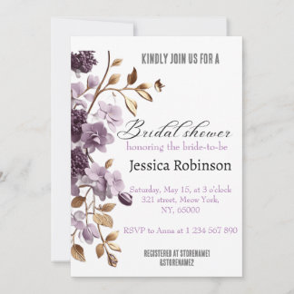 "purple flower and gold leaf bridal shower"  invitation