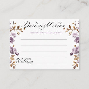"purple flower and gold leaf date night idea's" enclosure card