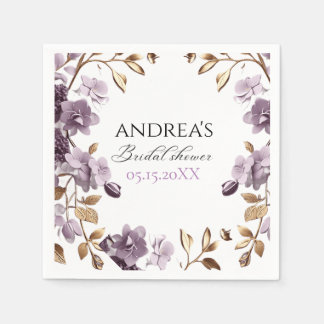 "purple flower and gold leaf paper bridal shower" napkin