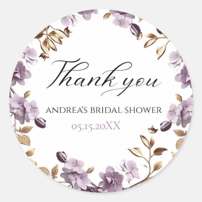 "purple flower and gold leaf stickers" classic round sticker (Front)
