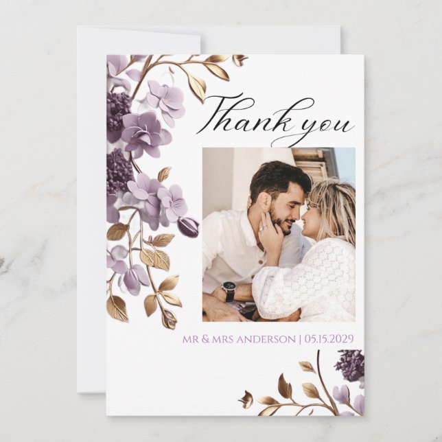 "purple flower and gold leaf thank you card" card (Front)