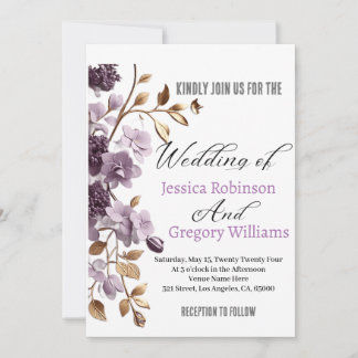"purple flower and gold leaf weeding invitation" invitation