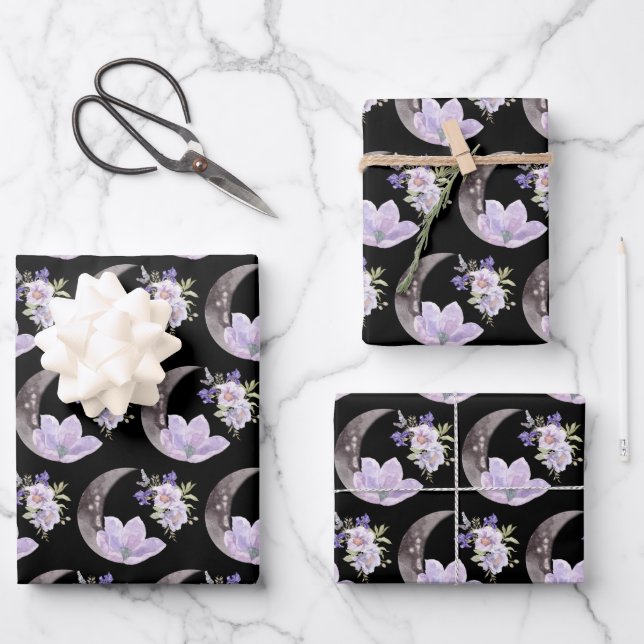 Purple Flower and Moon Wrapping Paper Sheets (Front)