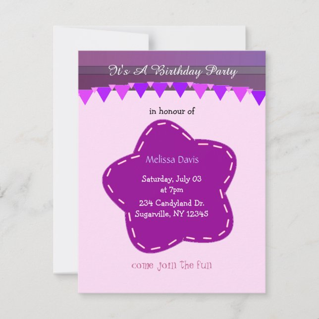 Purple Flower and Stripes Birthday Invitation (Front)