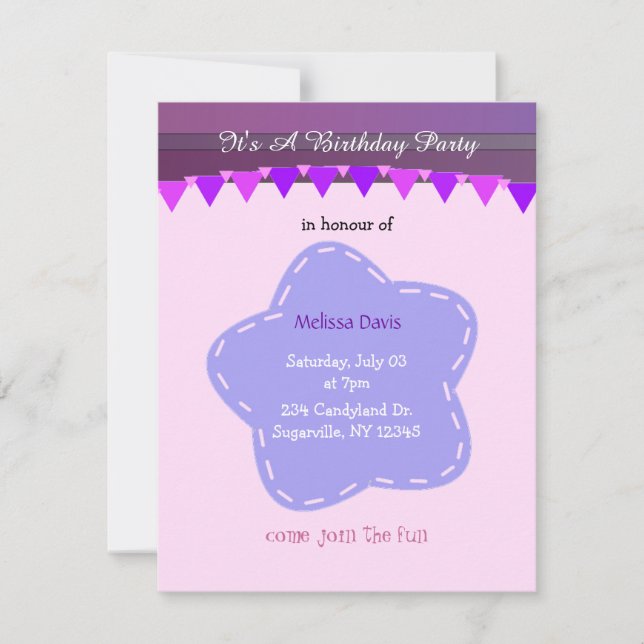 Purple Flower and Stripes Birthday Invitation (Front)