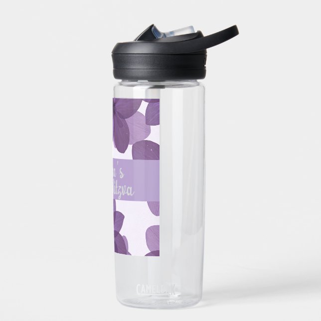 Purple flower Bas Mitzva water bottle With name (Left)