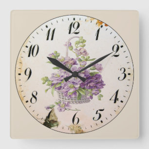 Purple Flower Basket Square Wall Clock