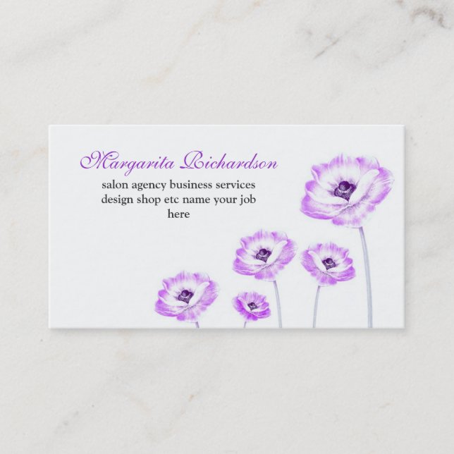purple flower blossoms white elegant business card (Front)