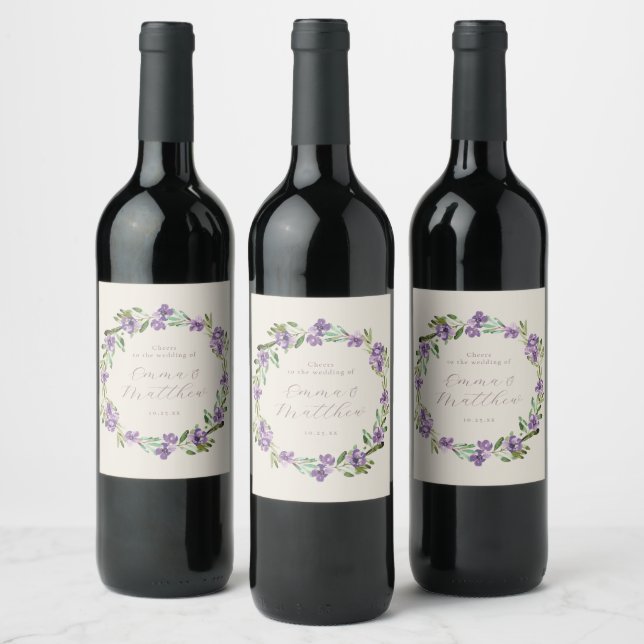 Purple Flower Botanical Wreath Script Wine Label (Bottles)