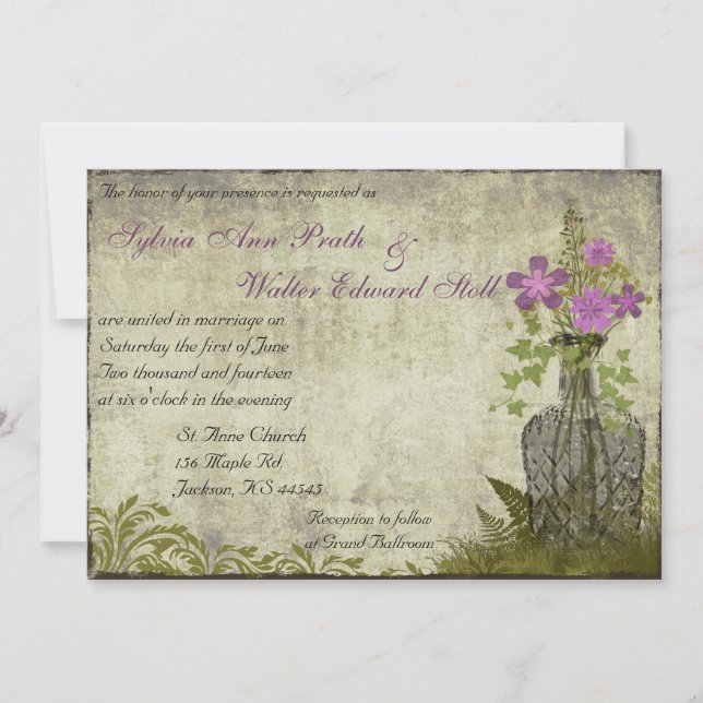 Purple Flower Bottle Vintage Wedding Invitation (Front)