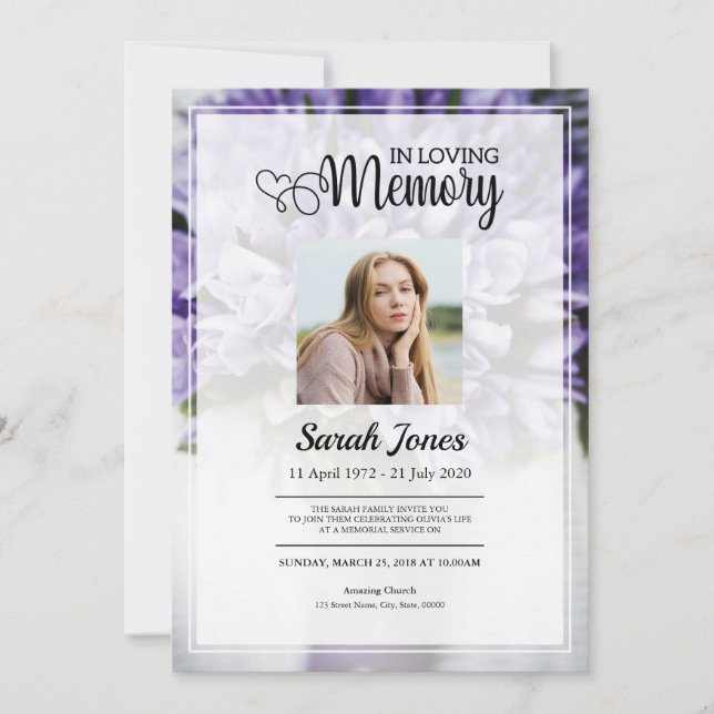 Purple Flower Bouquet Funeral Announcement Card (Front)