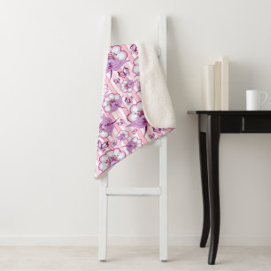 Purple Flower & Butterflies Pattern Sherpa Blanket