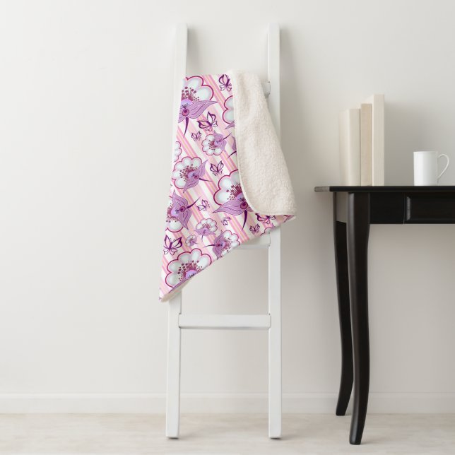 Purple Flower & Butterflies Pattern Sherpa Blanket (In Situ)