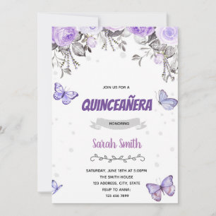 Purple flower butterfly quince theme invitation