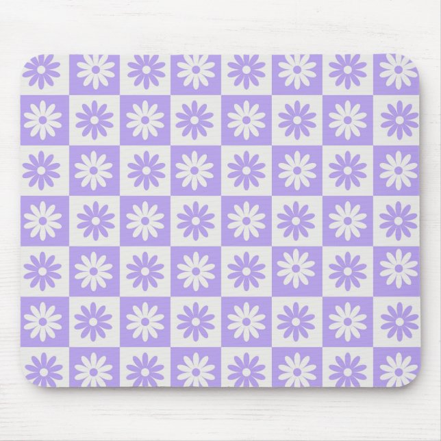 Purple Flower Chequerboard Modern Retro Chequered  Mouse Mat (Front)