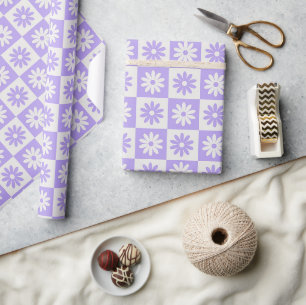 Purple Flower Chequered Retro Plaid Pattern Wrapping Paper