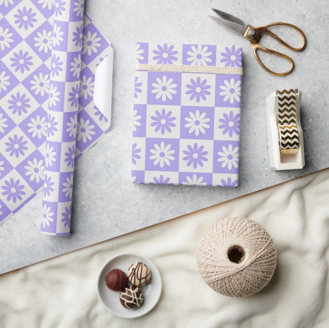 Purple Flower Chequered Retro Plaid Pattern Wrapping Paper (Crafts)