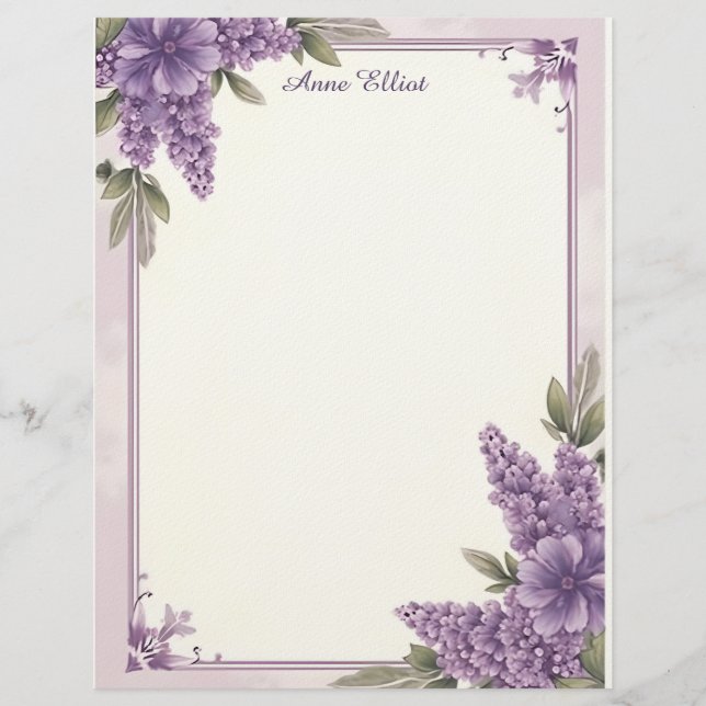 Purple Flower Corners Stationery Paper Custom Letterhead (Front)