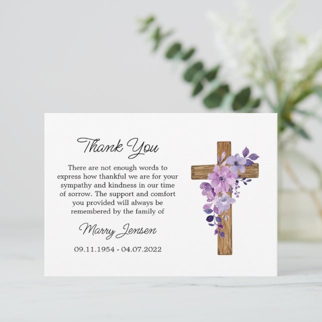 Purple flower Cross Sympathy Thank You Card (Standing Front)