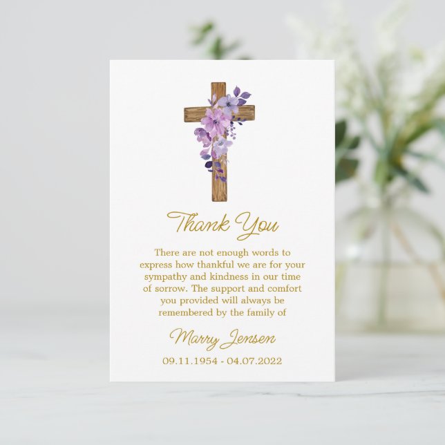 Purple flower Cross Sympathy Thank You Card (Standing Front)
