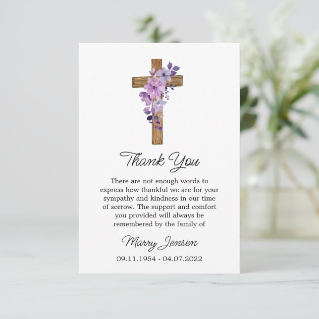 Purple flower Cross Sympathy Thank You Card (Standing Front)