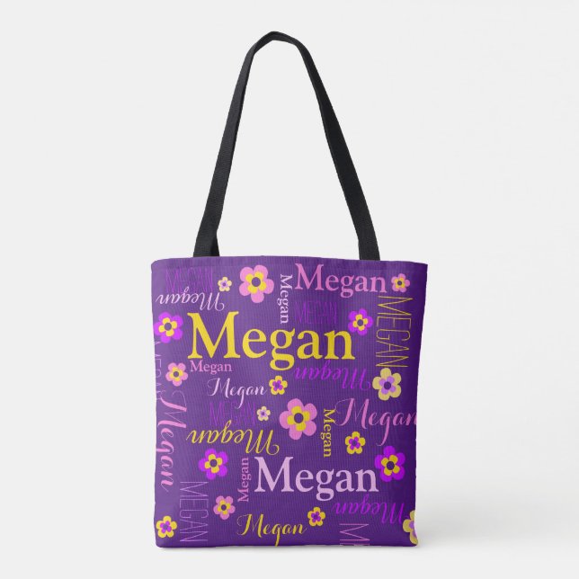 Purple flower custom name Megan art tote bag (Back)