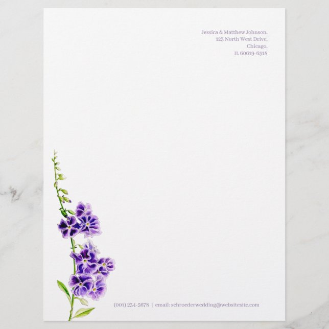 Purple flower duranta watercolor art letterhead (Front)
