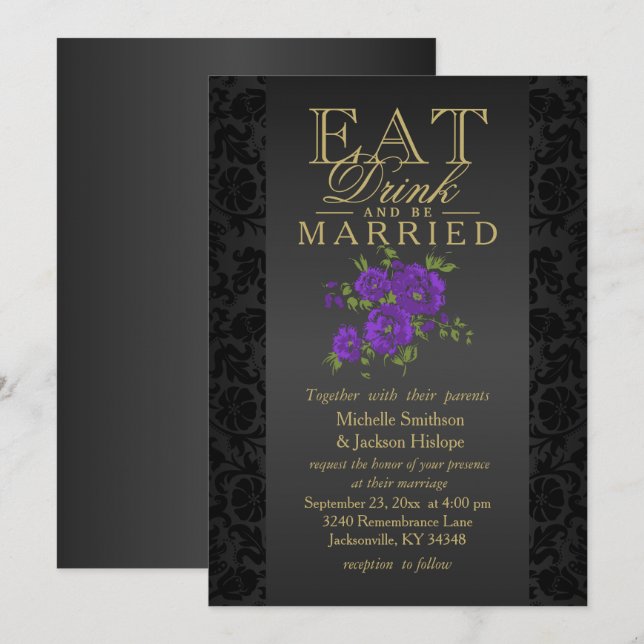 Purple Flower Eat, Drink and Be Married Invitation (Front/Back)