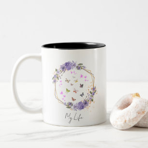Purple Flower Floral Butterflies Patterns My Life Two-Tone Coffee Mug
