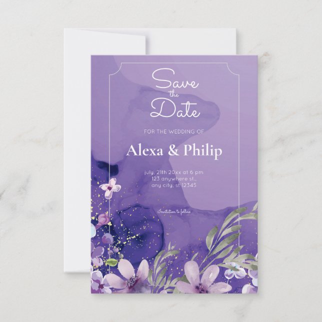 Purple Flower Floral Watercolor Wedding Invitation (Front)