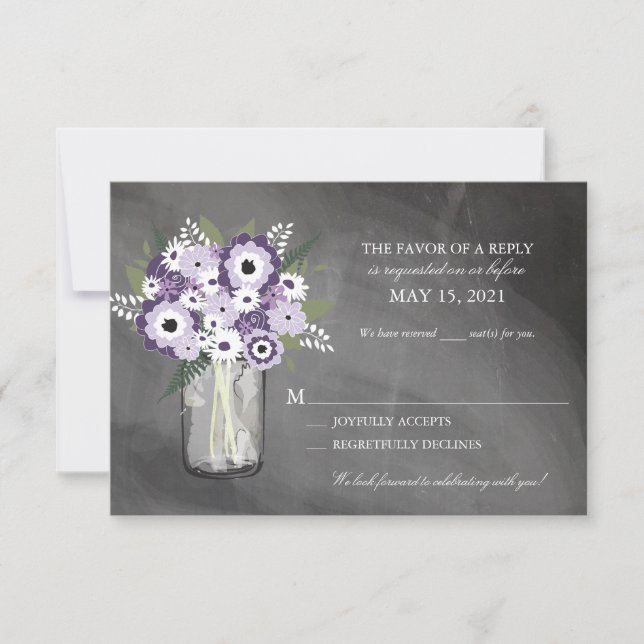 Purple Flower Garden Chalkboard Mason Jar | RSVP Card (Front)