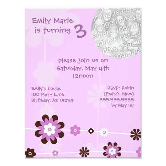Purple Flower Girl's Brithday Party Invitations