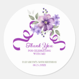 Purple Flower Greenery Ribbon Birthday Classic Round Sticker