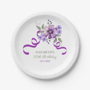 Purple Flower Greenery Ribbon Birthday Paper Plate
