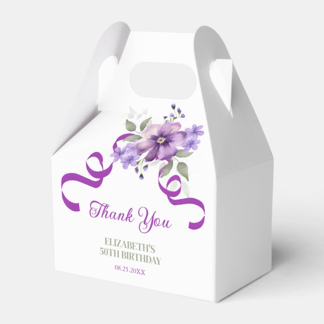 Purple Flower Greenery Ribbon Birthday Thank You Favour Box (Front Side)