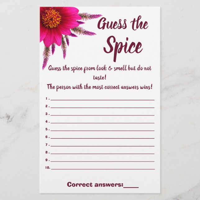 Purple Flower Guess the Spice Game Card (Front)