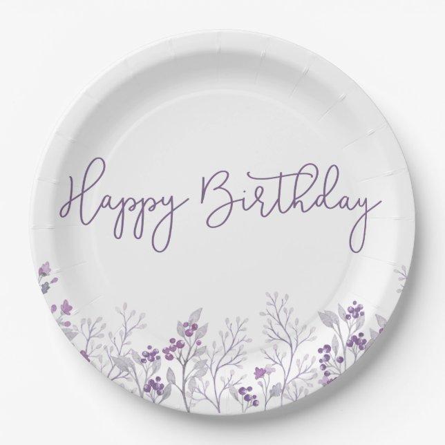 Purple Flower Happy Birthday Paper Plates (Front)