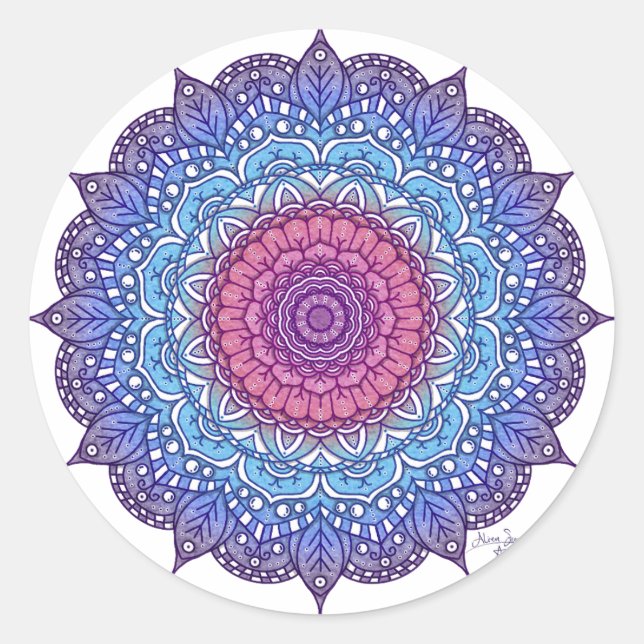 Purple Flower Leaf Mandala Classic Round Sticker (Front)