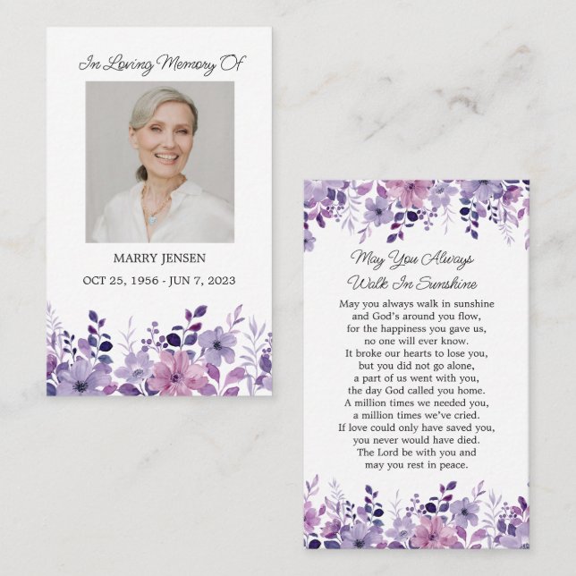 Purple Flower Memorial Photo Funeral Prayer Card (Front/Back)