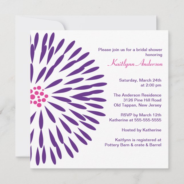 Purple Flower on White Bridal Shower Invitation (Front)