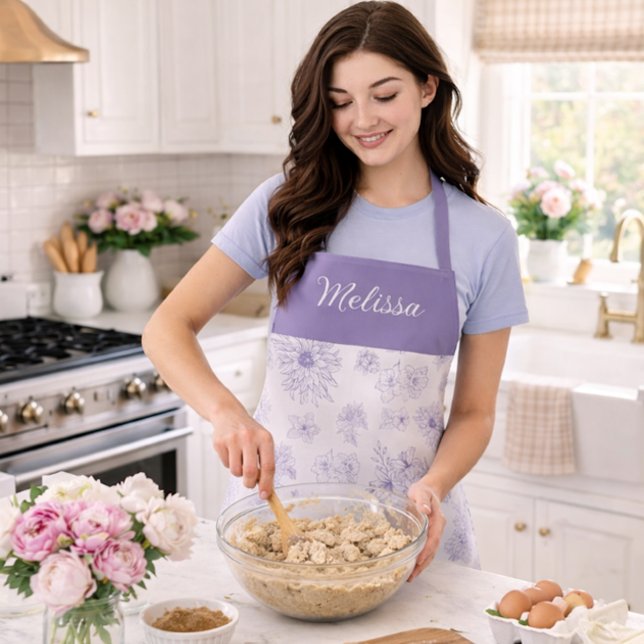 Purple Flower Pattern Custom Name  Apron (Creator Uploaded)
