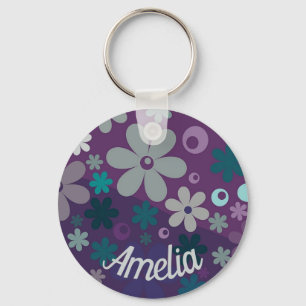 Purple Flower Pattern Cute Personalised Key Ring