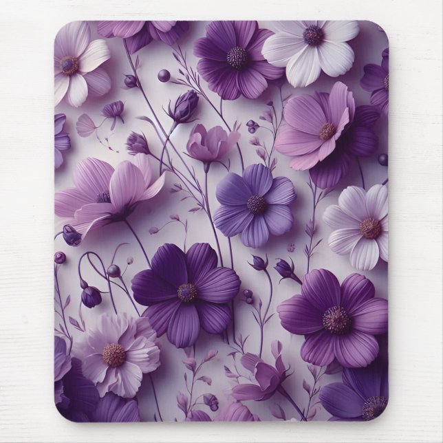 Purple Flower Pattern on a White Background Mouse Mat (Front)