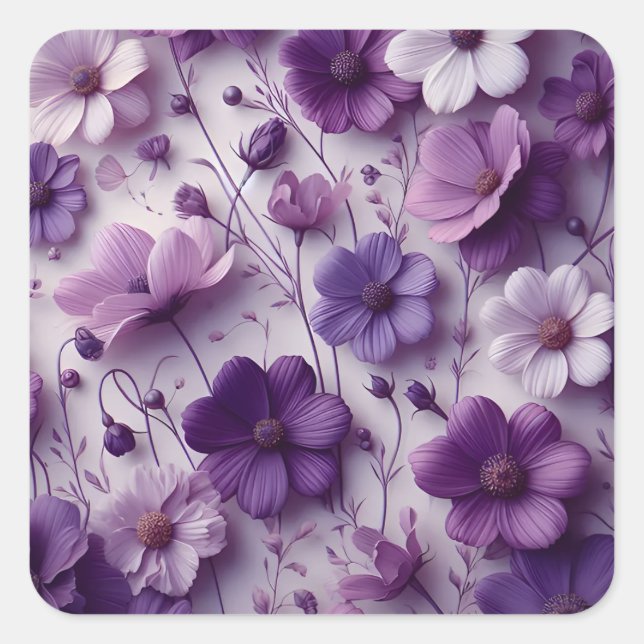 Purple Flower Pattern on a White Background Square Sticker (Front)