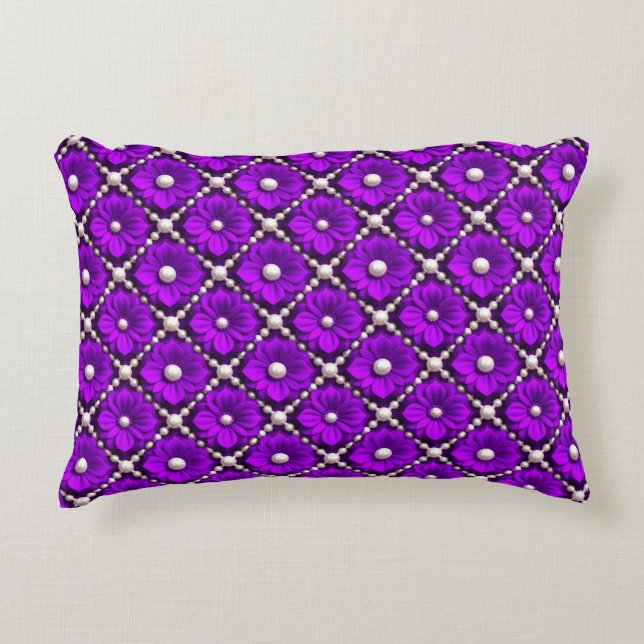 Purple Flower Pattern With Pearl Beads Decorative Cushion (Front)